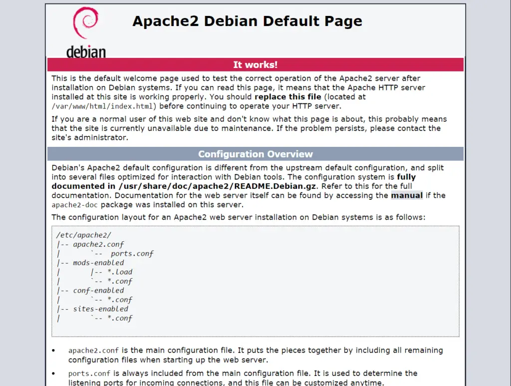 На рисунке ниже показана страница Apache2 по умолчанию в Debian 9